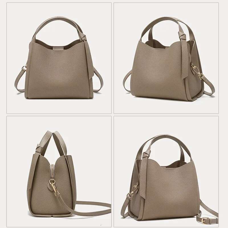Genuine Leather Women's Handbag 2024 New High-End Feel Large Capacity Commuting Bucket Crossbody Bag