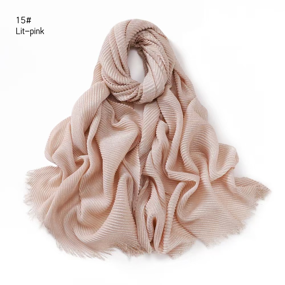 T755 gold and silver thread monochrome cotton and linen wrinkled scarf solid color short beard tassel headscarf shawl