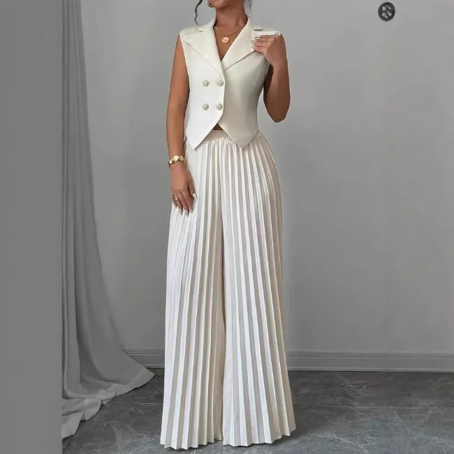 Temperament Commuting Two Piece Set Fashion V-neck Sleeveless Double-breasted Vest Top Pleated Wide-leg Pant Set For Women 250516
