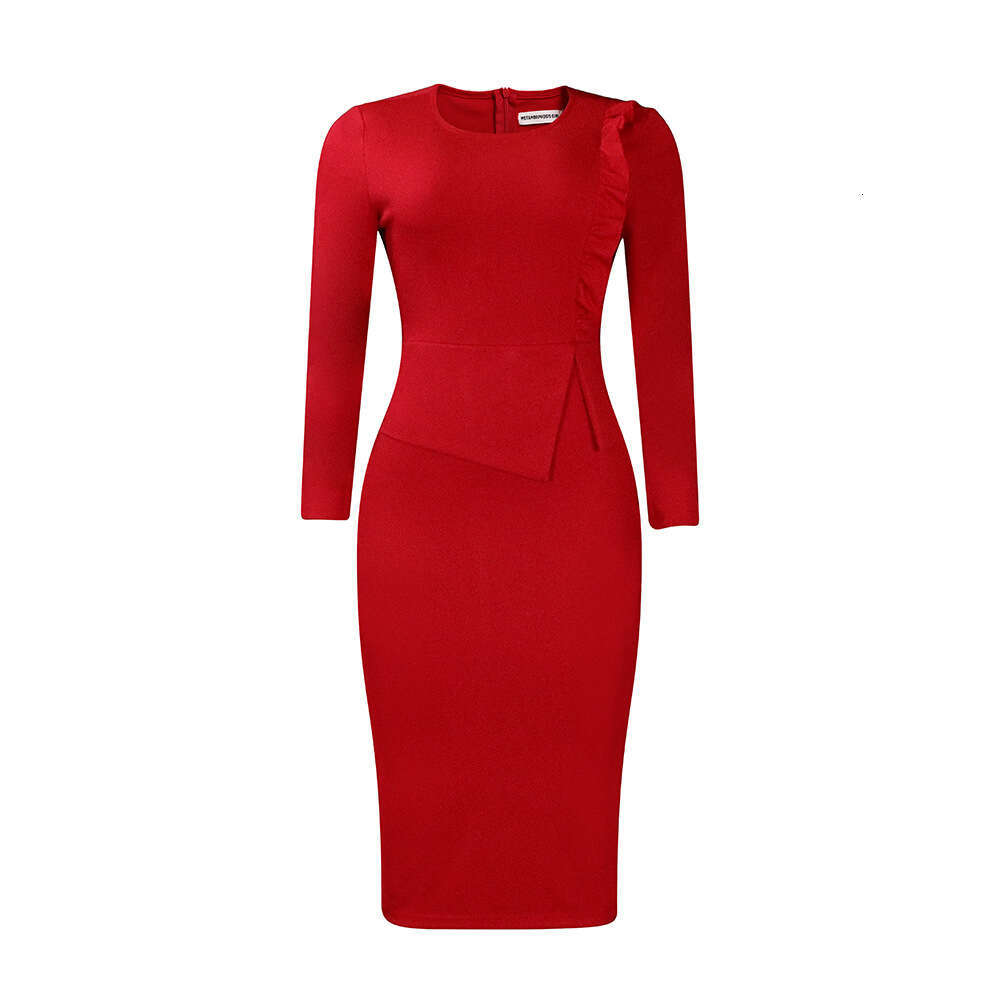 Women's Wear Large Women's Wear Spring Wood Ear Solid Round Neck Wrap Hip Office OL Commuter Dress
