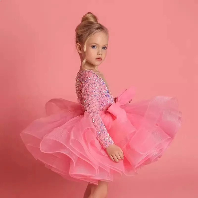 Girls Long Sleeve Sequins Pageant Dress For Kids Wedding Birthday Party First Communion Puffy Ball Gown Prom Puffy Dress 250519
