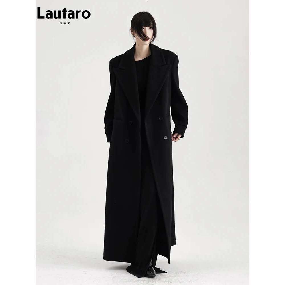 Lautaro Winter Extra Long Black Warm Soft Wool & Blends Coat For Women High Quality Loose Casual Woolen Overcoat 2024