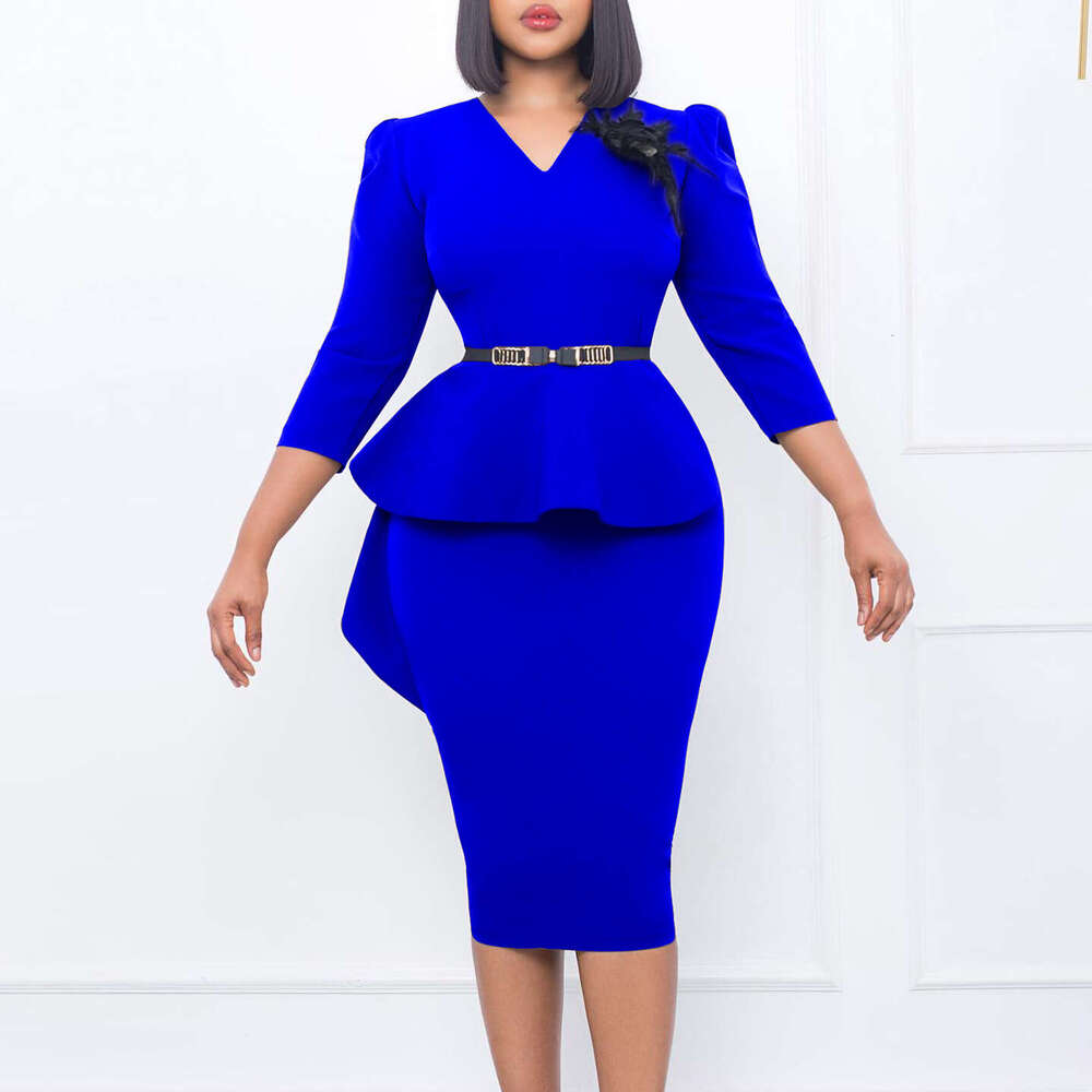 Women's Wear D3221 Women's New Ruffled V-Neck Wrapped Hip Temperament Pencil Dress