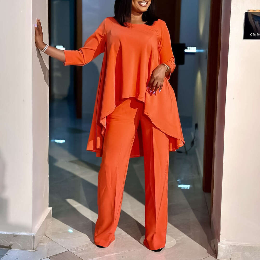 Women's Wear D3260 Women's Fashion And Temperament Large Size Long Sleeved Top Wide Leg Pants Set