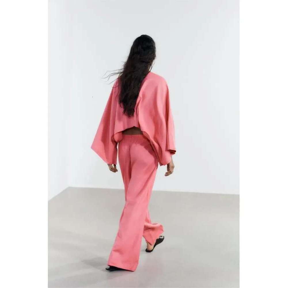 TRAF Wide Leg Pants For 2 Causal Loose Sleeve V Neck Shirt Drawstring Trousers Two Piece Set Women Outfit