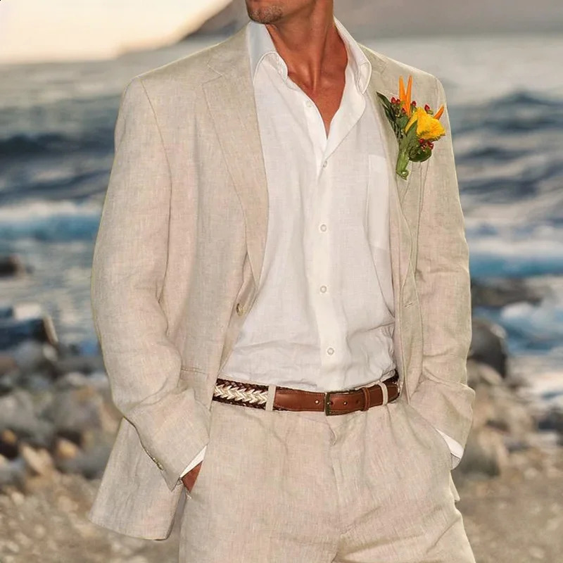Beige Linen Wedding Suits for Men Beach 2 Pcs Groom Tuxedo Summer American Style Suit Jacket with Pants 250519