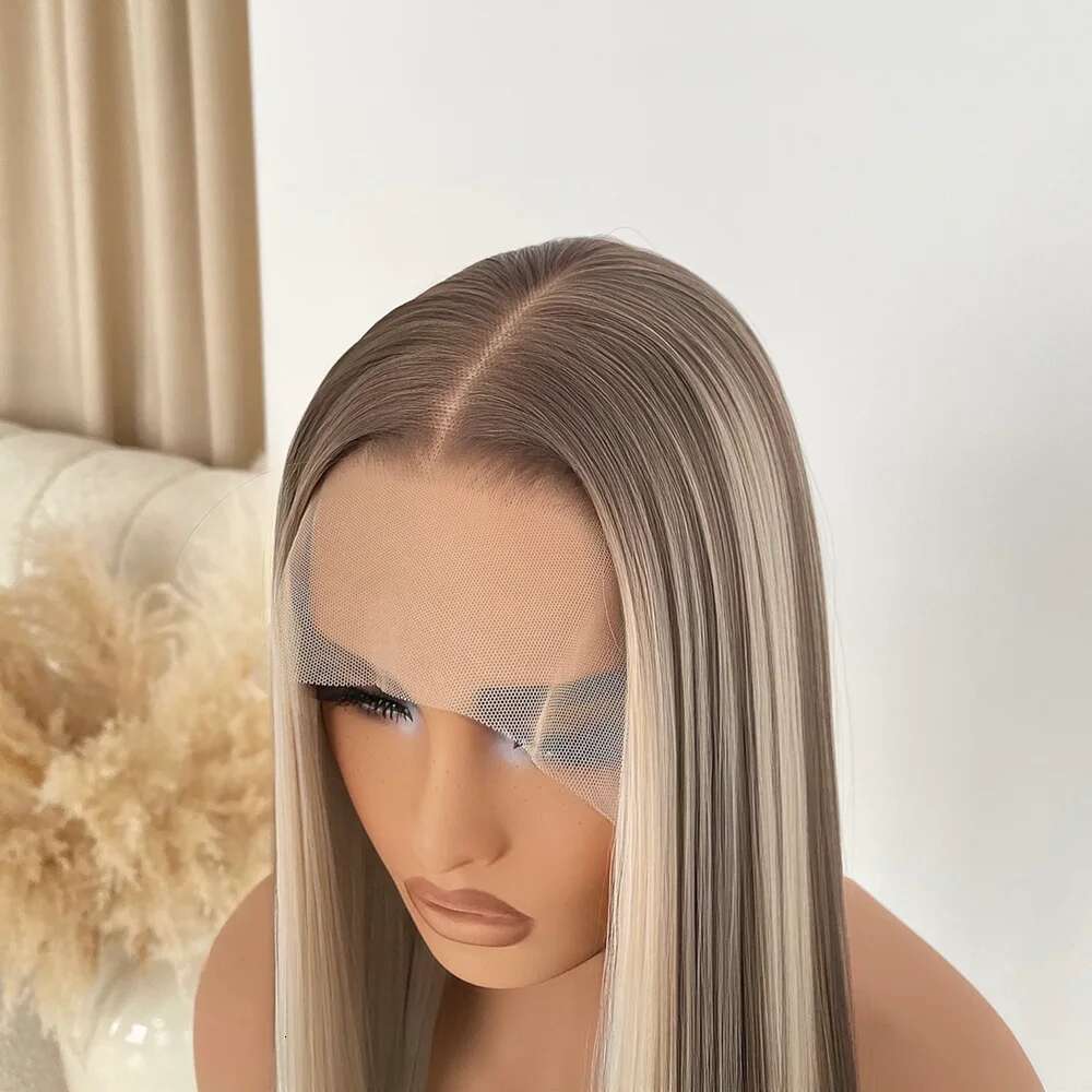 13x4 Front Wig Highlight Ash Blonde Straight Synthetic Lace Wigs for Women Preplucked Hairline Natural Density Long Hair