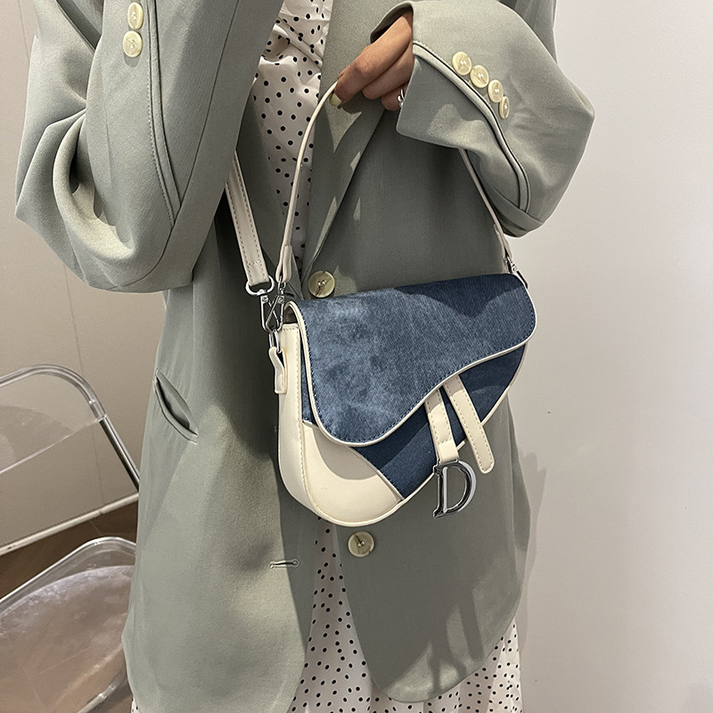 2025 Trendy Denim Print Color-Block Saddle Bag - Stylish Shoulder & Crossbody Purse for Women, Western Chic Patchwork Handbag