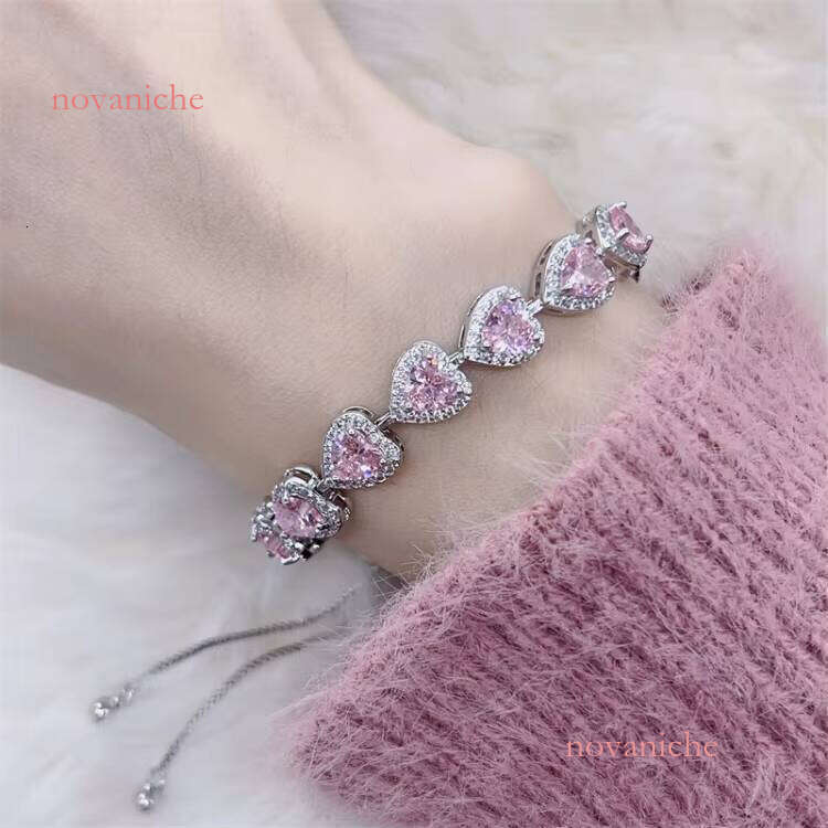 MC340 Sweet Style Shining Pink Zircon Heart Charm Adjustable Chain Bracelet Fashion Women's Accessories