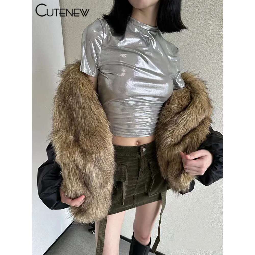 Cutenew Patchwork Long Sleeve Elastic Furry Down Jacket Women's Winter Casual Warm Lady High Street Padded Coats Top Designer