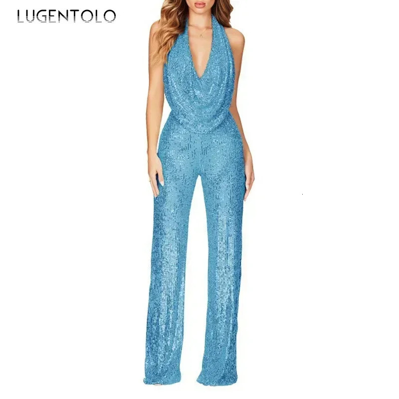 Sequins Sexy Jumpsuits Women Halter Fashion Summer Party Elegant Sleeveless Female High Waist Street Straight Rompers 250519