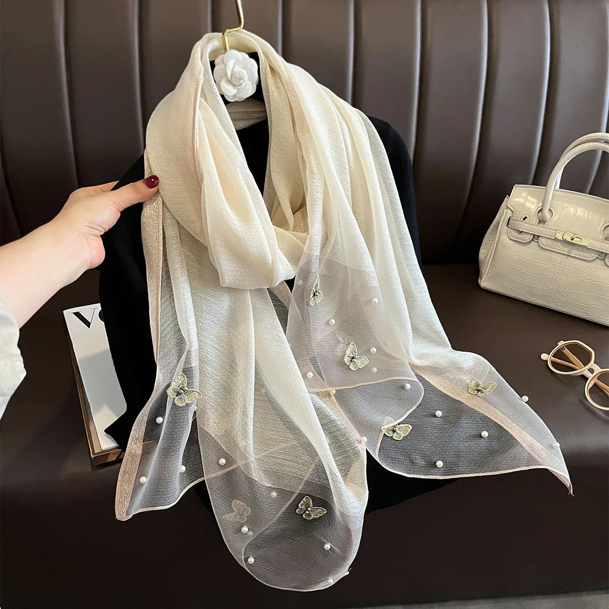 Women Fashion Butterfly Embroidered Scarf Plain Solid Silk Linen Shawls Scarves Summer Lady Bandanas Foulard Hijab 250517