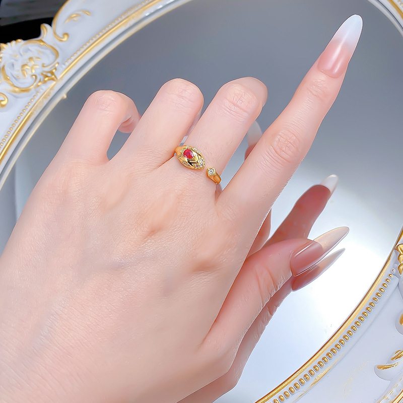 Luxury Retro Chinese Style S925 Silver Snake Open Ring with Ruby Accent