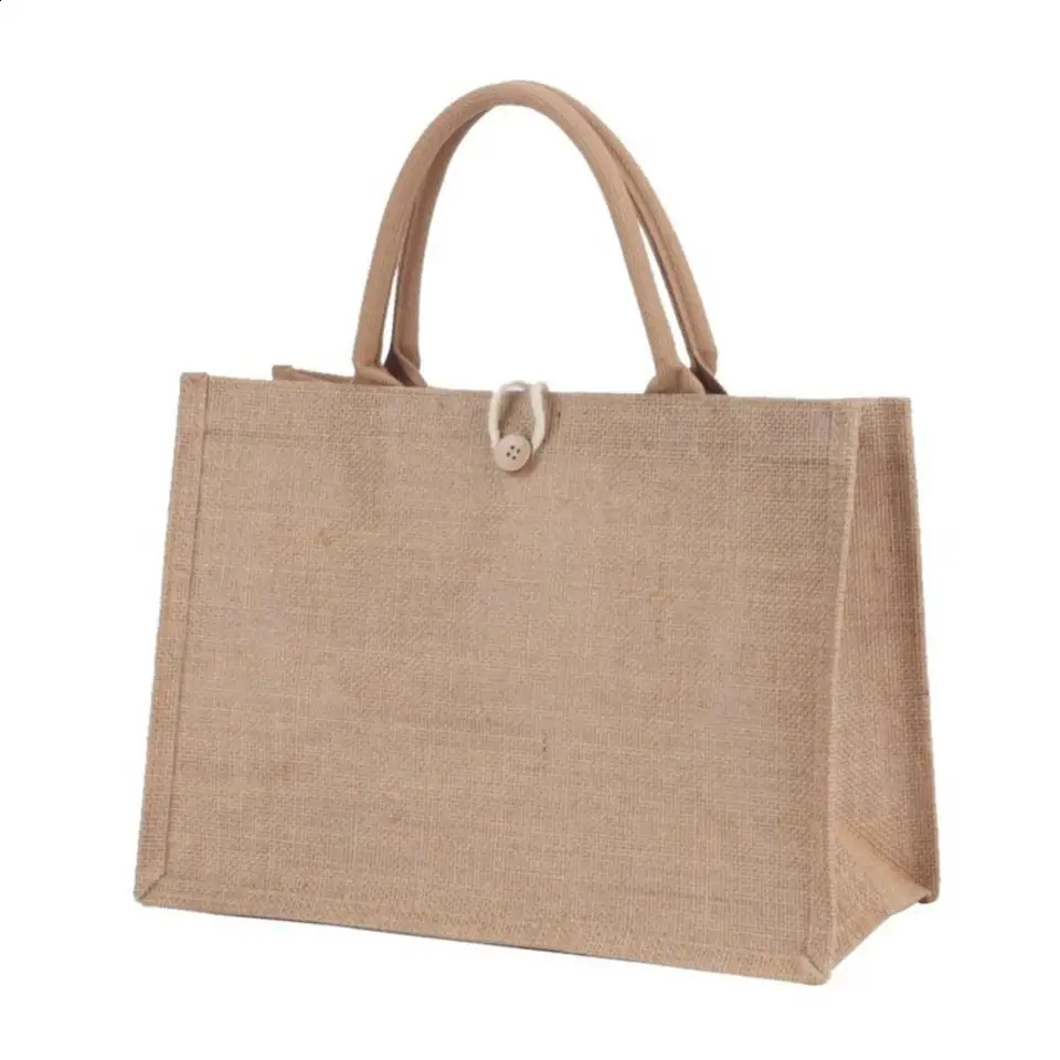 Large Capacity Shopping Bag Versatile Jute Tote Bag Portable Lunch Bag Linen Button Reusable Burlap Bag Gift Packing Handbag 250516