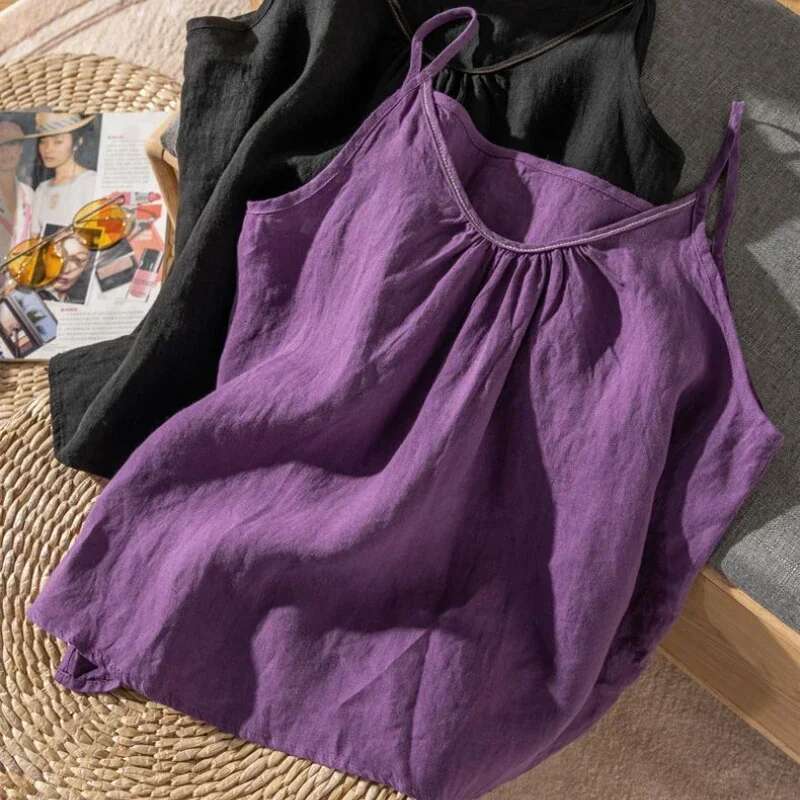Fashion COTTON Linen Spaghetti Strap Tank Solid Versatile Women Top New Summer 2024 Casual Loose Retro Black Tanks & Camis