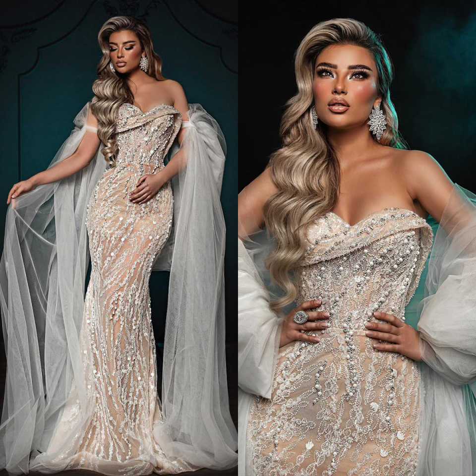 Gorgeous Beaded Mermaid Wedding Dress Sexy Strapless Lace Bridal Dress With Removable Tulle Sleeve Customized vestidos de novia