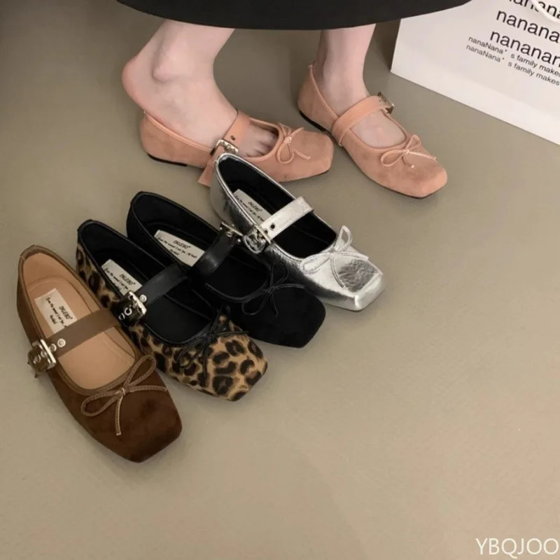 Womens square toe Shoes Bow flats Ladies ballet silver belt buckle footwear Elegant fashion Mary Jane shoes Zapatos 250515
