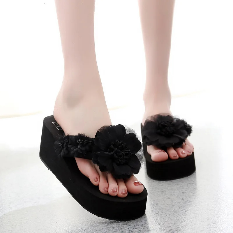 Women Casual Flowers Slippers Summer Beach Platform Slippers Fashion Outside Flip Flop Bohemian Style Thick Sole Wedge Sandals 250519