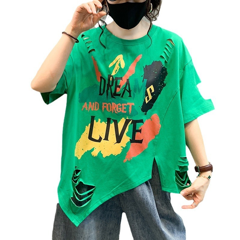 Designer Clothing Plus Size Women's Ripped Top Fashionable Loose Casual Letter Graffiti Short Sleeved T-shirt For Women 2025 New Style
