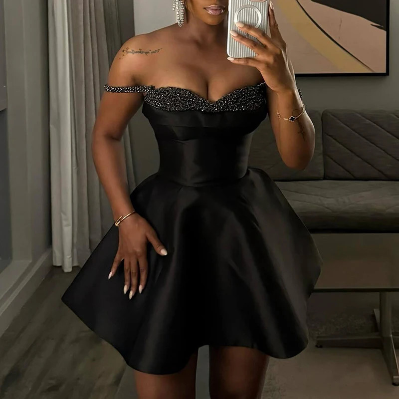 Lady Sexy Off Shoulder Pleated Suspender Dress Casual Sleeveless High Waist Party Dress Black Sequin Patchwork Slim A-line Dress 250517