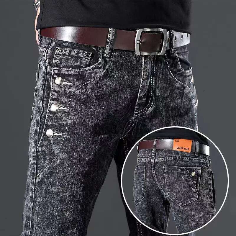 Classic Slim Vintage Men's Designer Jeans Snowflake Grey Wash Korean Fashion Stretch Pants Multi-button Denim Trousers