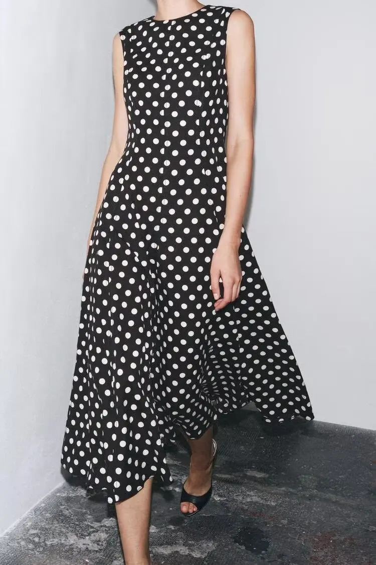 European and American style temperament retro round neck sleeveless polka dot dress 250520