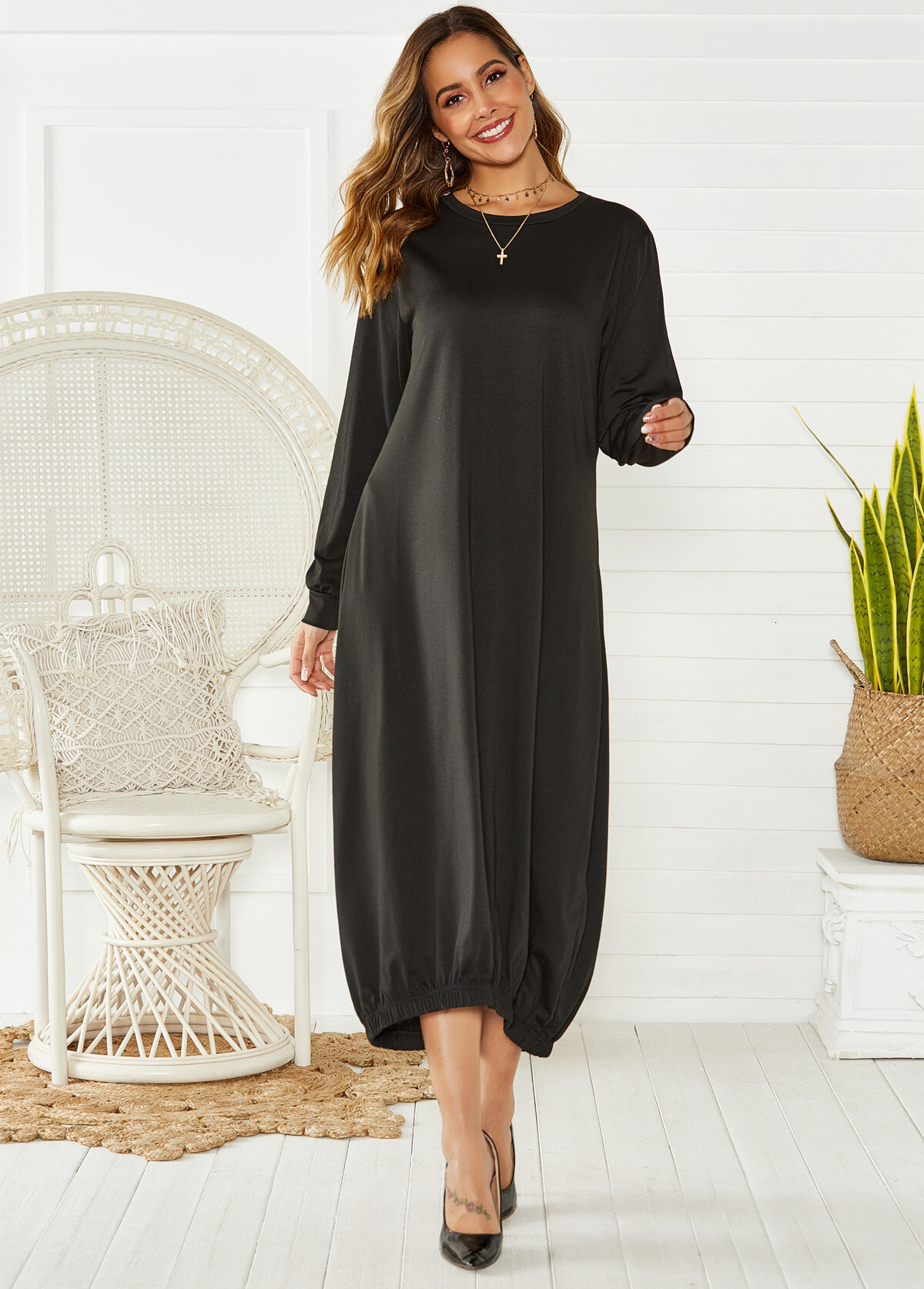 2025 Designer Fashion Ankle Elastic Rope Round Neck Loose Long Skirt Casual Multi functional Versatile Clothing