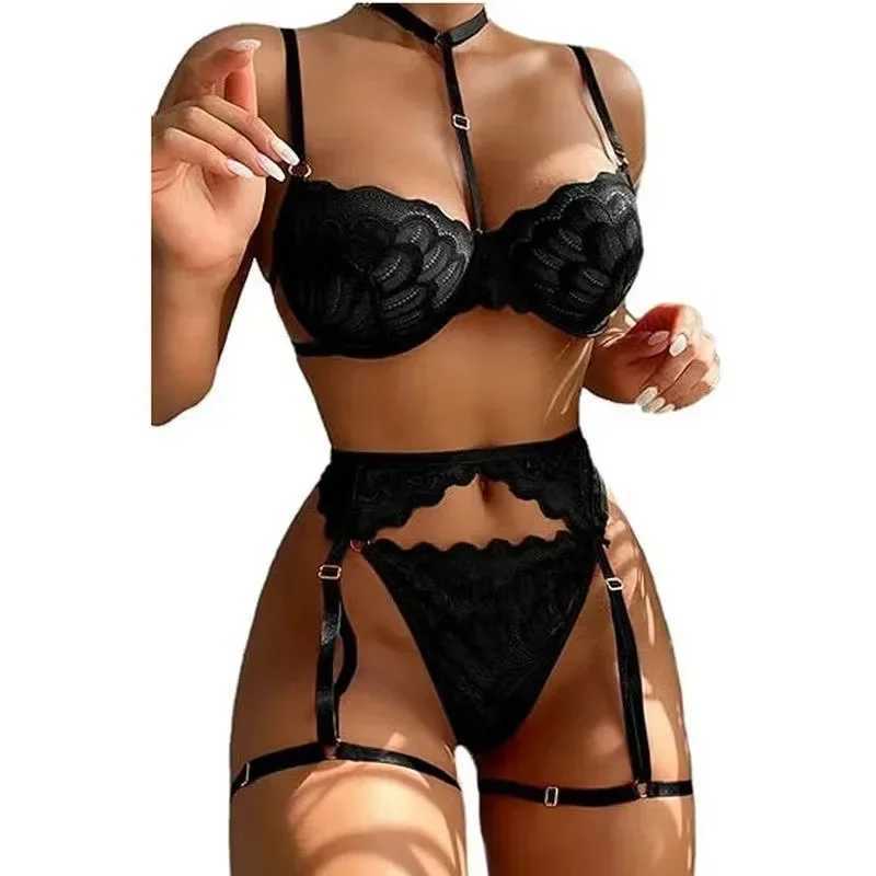 Sexy Interesting Underwear For Women Halter Bra Garter Belt Girdle Suit Solid Color Mesh See-Through Sexy Lingerie Set R250520