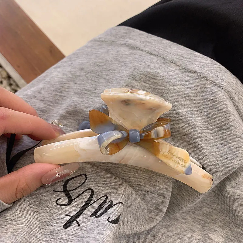 Gentle Elegant Bow Marble Hair Clip Claw Sweet Girls Ponytail Barrettes Acrylic Shark Clip Headwear Hair Accessories for Women 250517