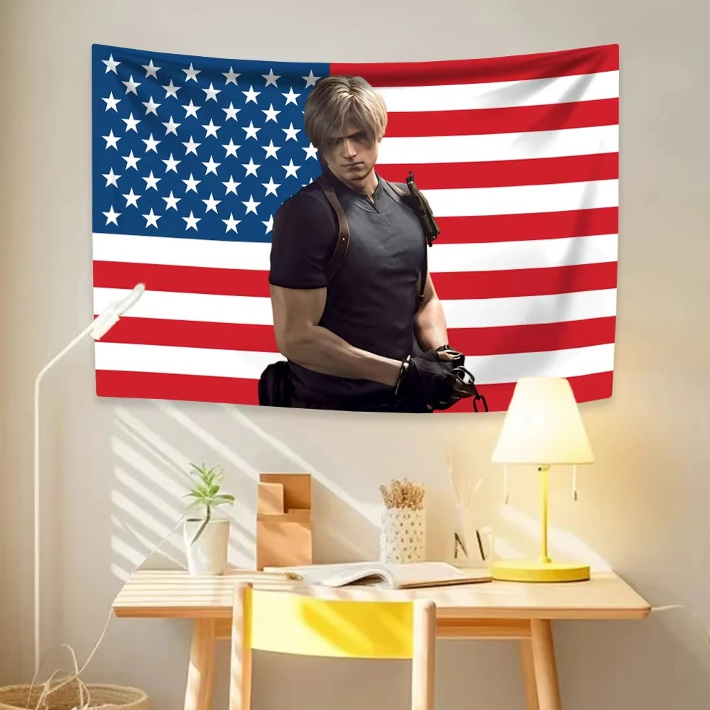 Leon Kennedy American Flag Tapestry Wall Hanging Hippie Home Decor Aesthetic Bedroom Dorm Decor Background Cloth Birthday Gift