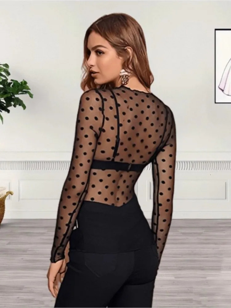 T Shirt For Women Basics Retro Sexy Polka Dot O Neck Bodycon Tops Off The Shoulder Vintage Solid Streetwear Lace Transparent 250517