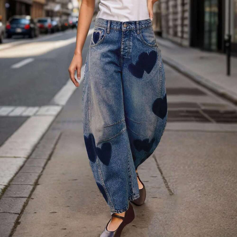 Woman clothes Barrel Jeans For Women Mid Rise Heart Printed Denim Ankle Vintage Baggy Womens Casual Dress Pants for Summer