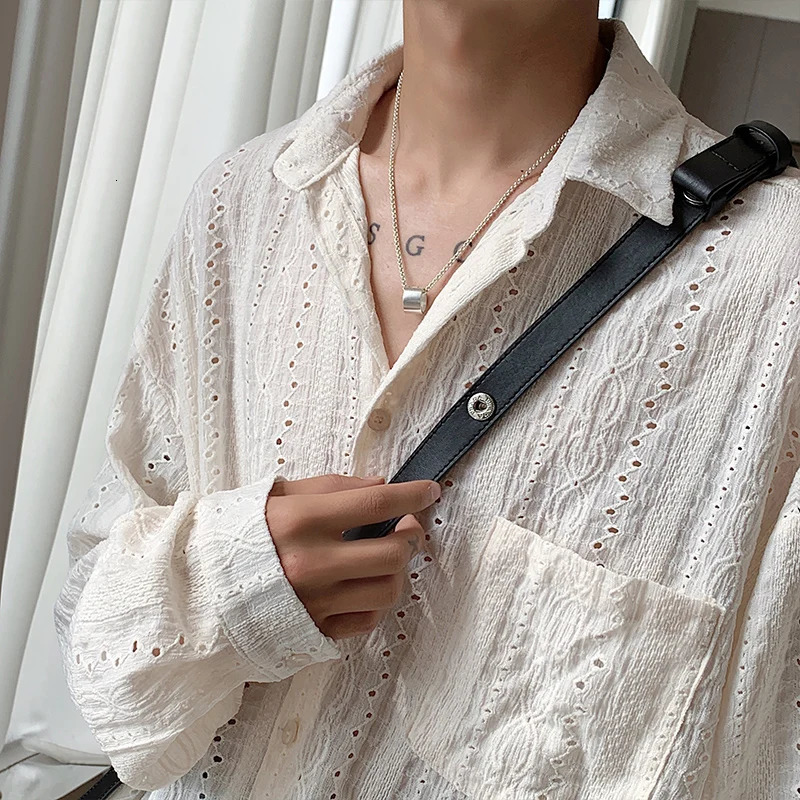 Shirts for men Apricot Handsome Lapel Men Blouse Vacation Hollow Out Sexy Fashion Men Clothing Male Mesh Long-sleeved Shirts 250519