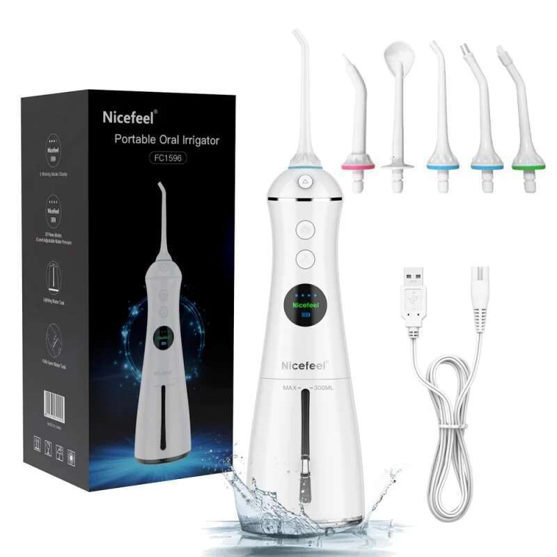 Oral Irrigator Flosser LED Display Screen Waterproof Dental Jet Floss 300ML Water Tank 6 Modes 5 Nozzles