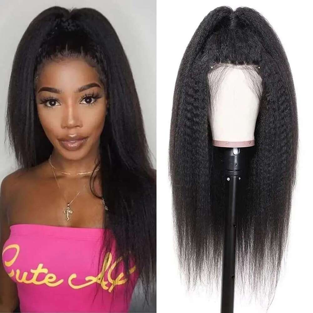 Yaki Black 30Inch Long Kinky Straight Lace Front For Women With Baby Hair Synthetic Preplucked Glueless Daily Wear Wig
