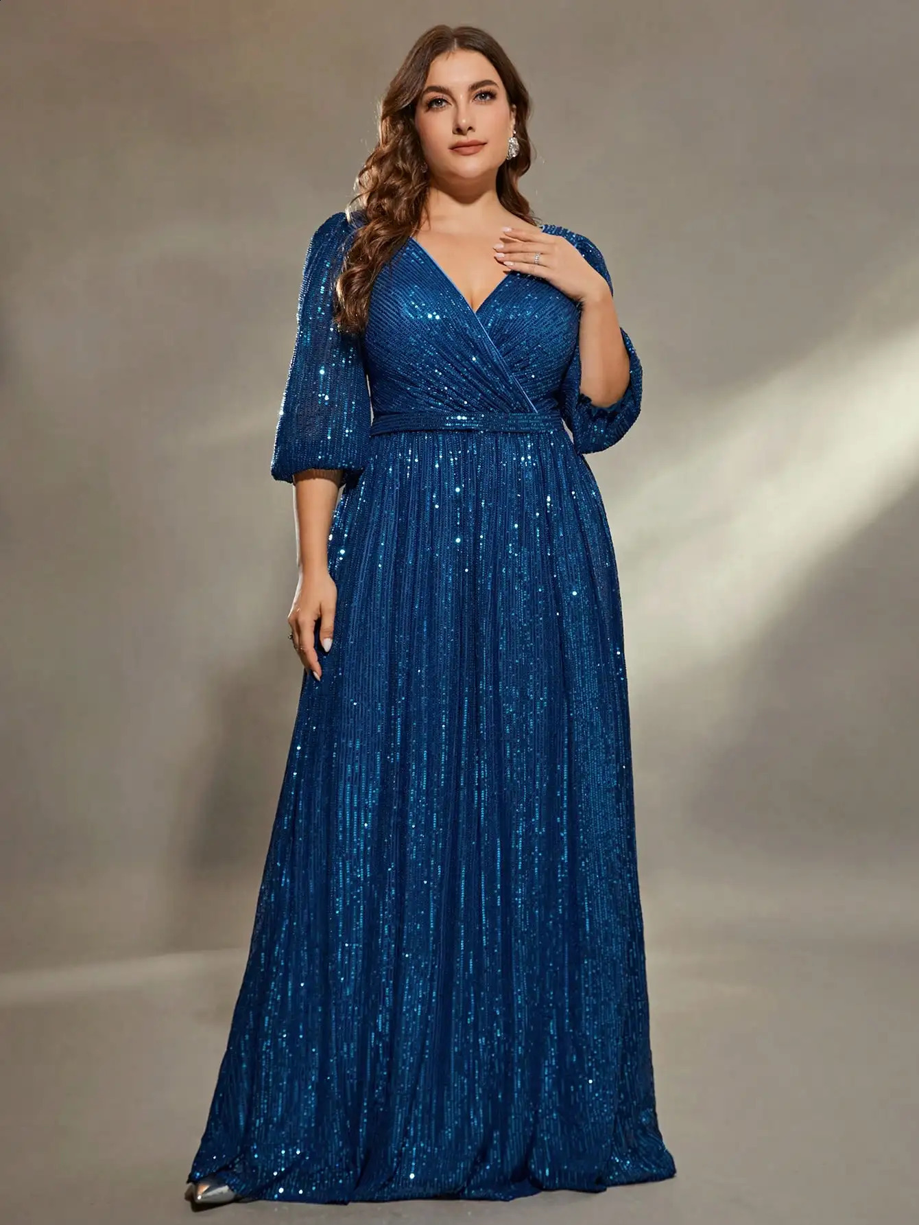 Mgiacy plus size V-neck bust pleated mid-long sleeve A-frame sequin long dress Evening gown PROM dress Party dress 250519