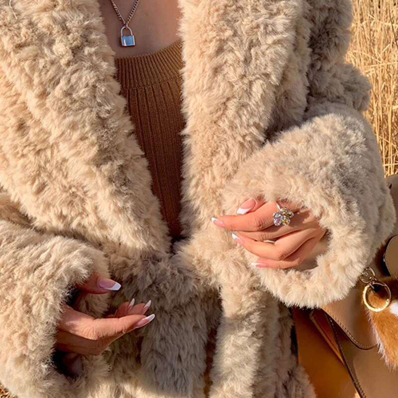 Lautaro Winter Long Oversized Shaggy Fuzzy Warm Thick Fluffy Faux Fur Coat Women Sashes Lapel Stylish Korean Fashion 2021