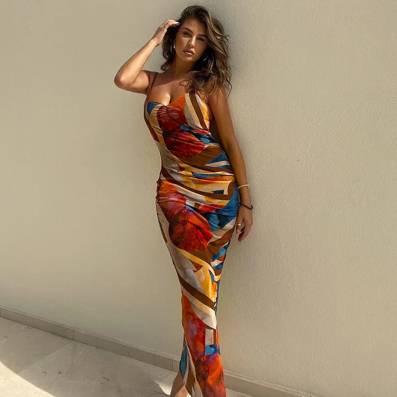 Tie Dye Print Ribbed Midi Dress For Women Summer Outfits Bodycon Side Slit Y2K Sexy Streetwear Long 250520