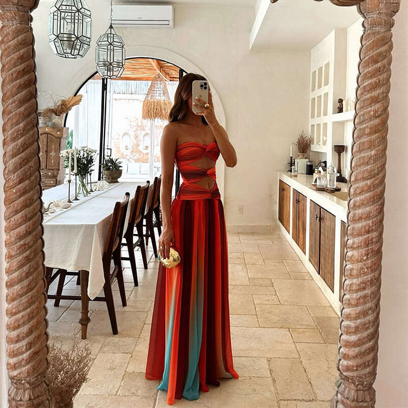 Design sense, vacation cross sleeveless strapless hollow out dress, women's European and American 2025 spring/summer new style, casual fashion tr