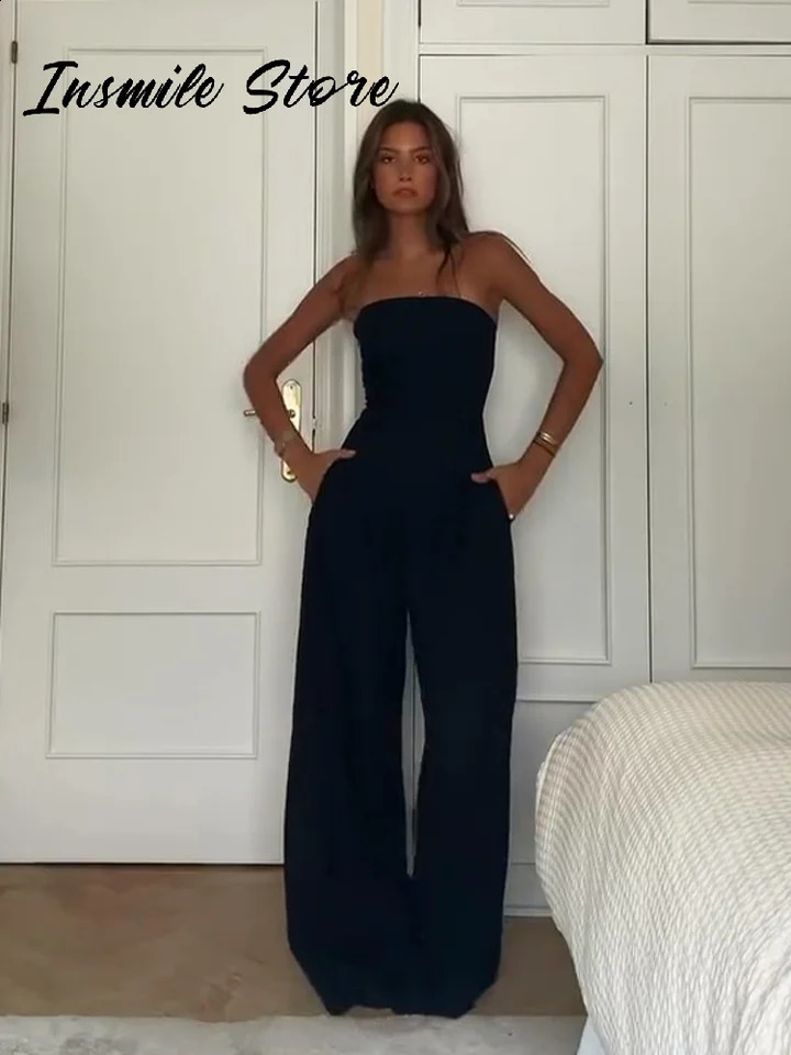 Casual Women Playsuit Sleeveless Backless Wide Leg Solid Pleated Female Strapless Jumpsuit 2025 Summer Chic Lady Playsuits 250519