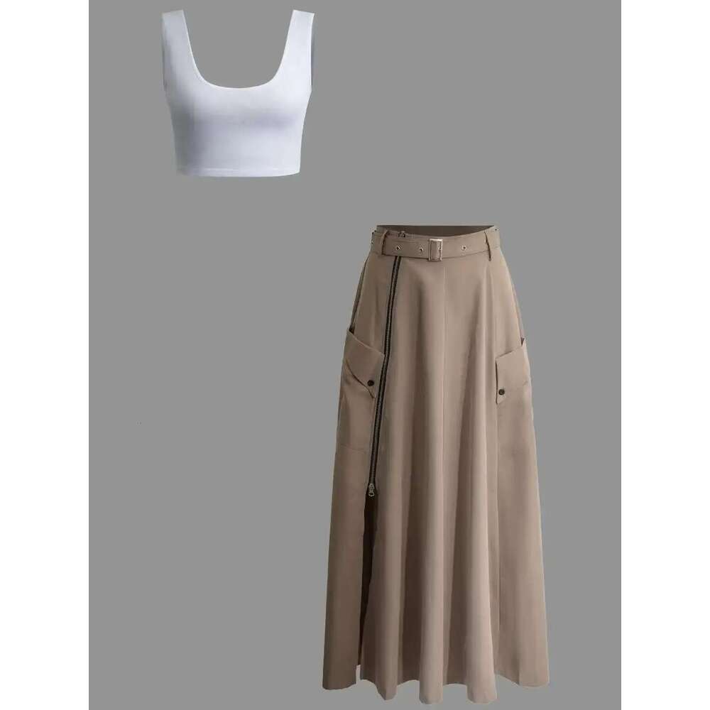 Sleeveless Solid Color Slit Two Piece Set High Long Skirt Summer Female Sweet Bra Naked Waist Chic Casual Beach