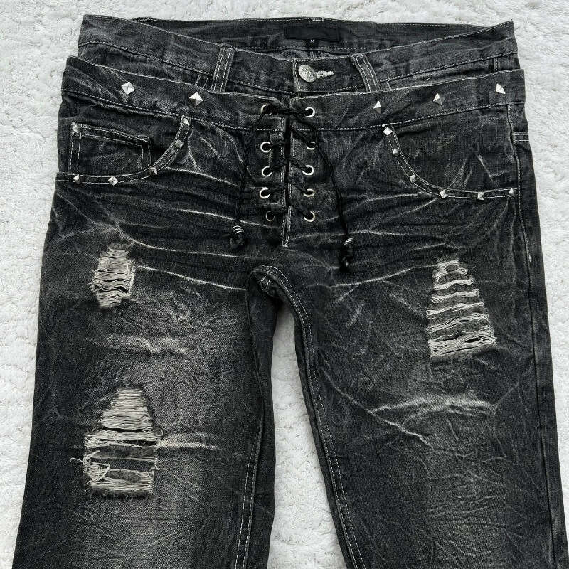 Millennium washed denim jeans Gothic style micro flared double waist lace pants for men and women's street wear