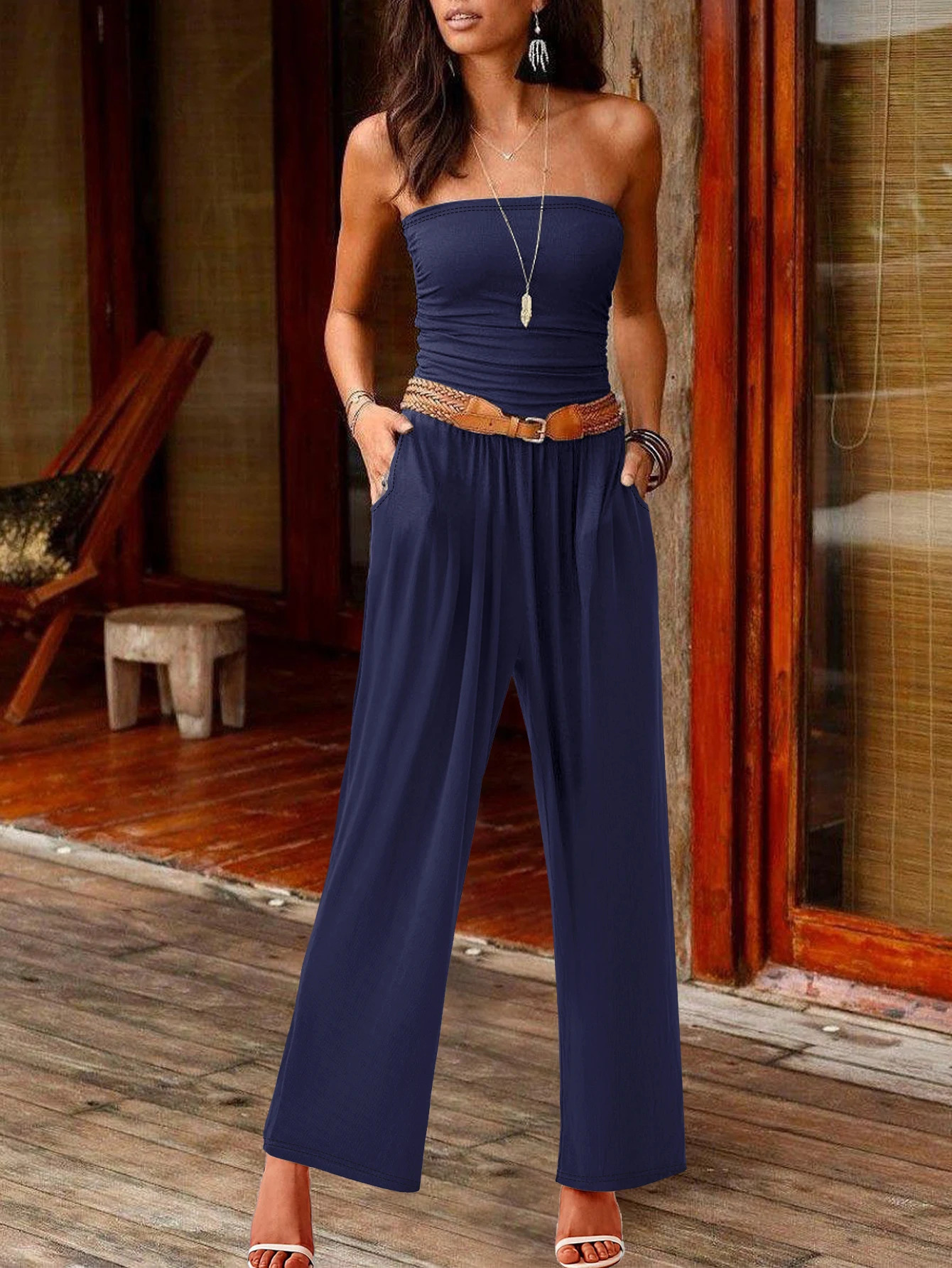 Womens solid color backless tube top flared leg jumpsuit summer casual sleeveless flared jumpsuit ladies basic jumpsuit womens 250520