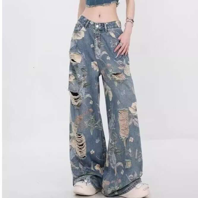 China-Chic Fashion Summer New American Printed Perforated Jeans Women's Loose Straight Leg Pants Trendy