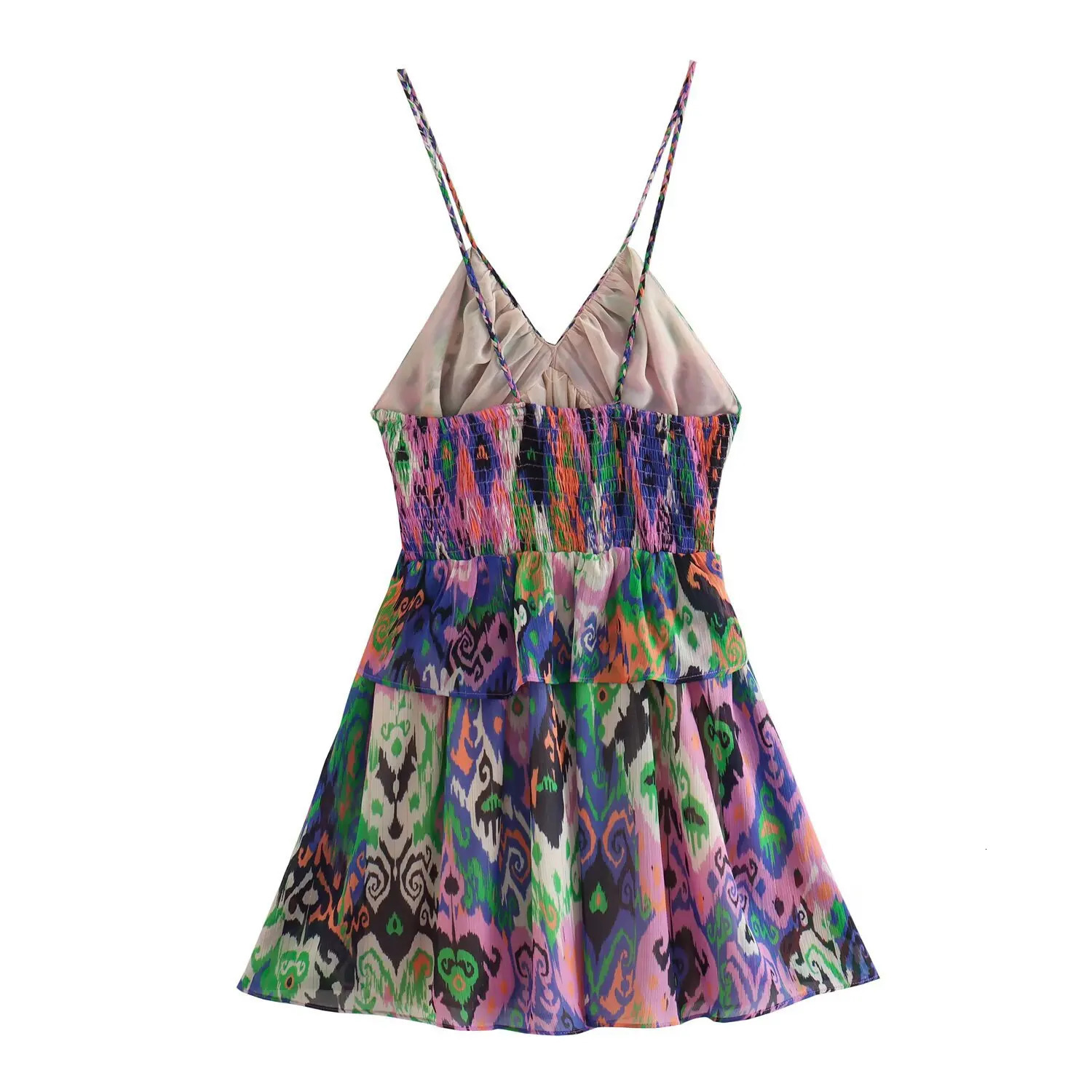 ZBZA Women Tiedye Printed Aline Dress Vneck Spaghetti Strap Pleated Midwaist Open Back Mini Spring Summer Chic Top 250520