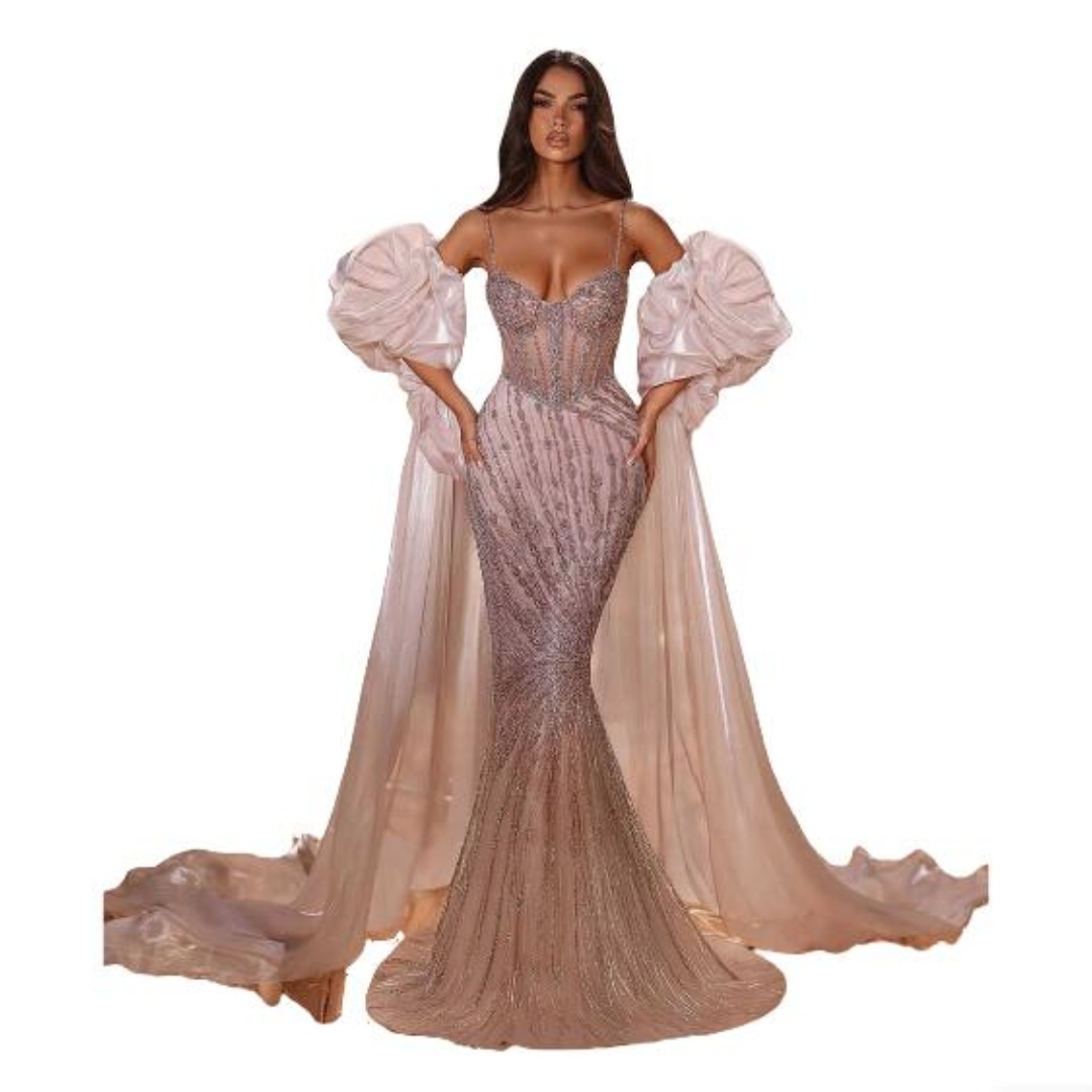 Vintage Spaghetti Straps Prom Dresses Sequins Beaded Evening Dress With Remove Sleeve Floor Length Celebrity Party Gown