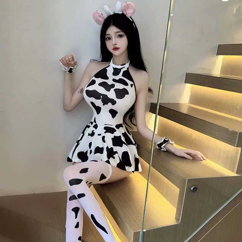 Cute Cow Cosplay Uniform Sexy Milk Cow Costume Seduction Lingerie Anime Lolita Playful Cat Girl Printed Dress Adult Sex Set R250520