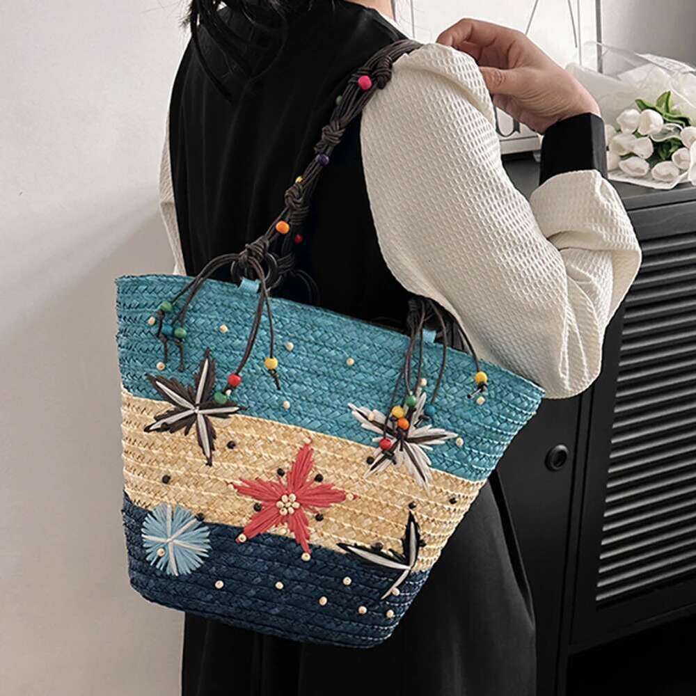 Women Summer Beach Bag Lady Large Straw Tote Colorful Hand-Embroidered Starfish Girl Hoilday Buckets Rattan Bohemian Handbag