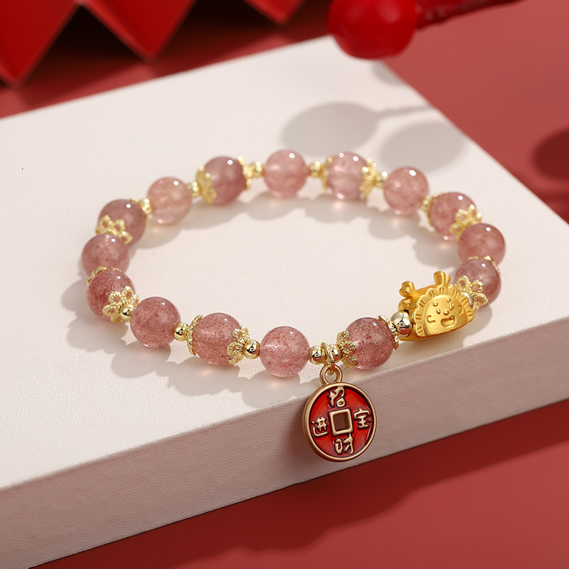 The Chinese style beads lucky Year of the Loong fortune coins agate red rope temple bracelet female