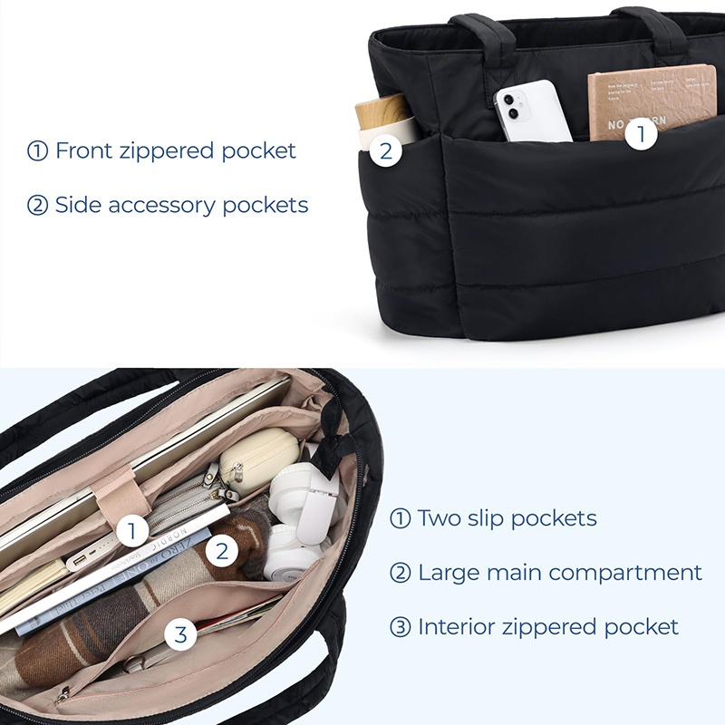 Puffy Quilted Tote Bag for Women Large Cotton Padded Shoulder Shopper Purse Lightweight Casual Handbag for Daily Use and Travel